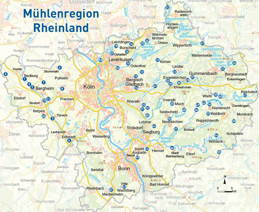 Die Grafik zeigt eine Landkarte der Mühlenregion Rheinland mit den Mühlenstandorten.